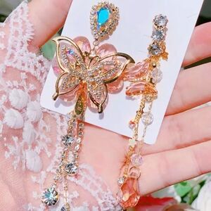 Pink Flower Butterfly Crystal Long Dangle Earrings